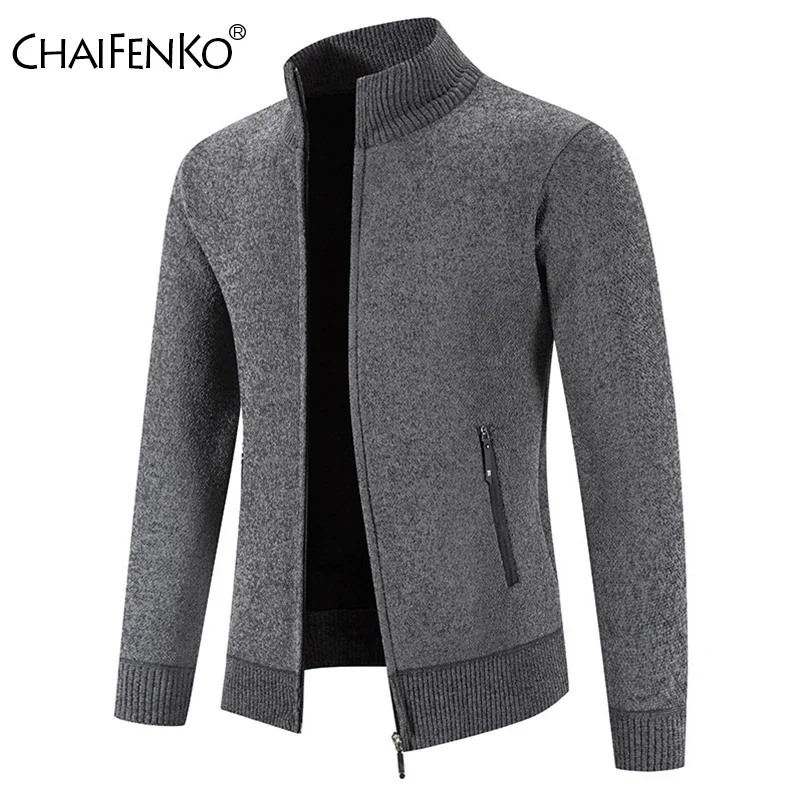 New Solid Man Cardigans Sweater Outdoors Fleece Thickening Stand Collar Tops Autumn Winter Casual Versatile Knitted Coats Man