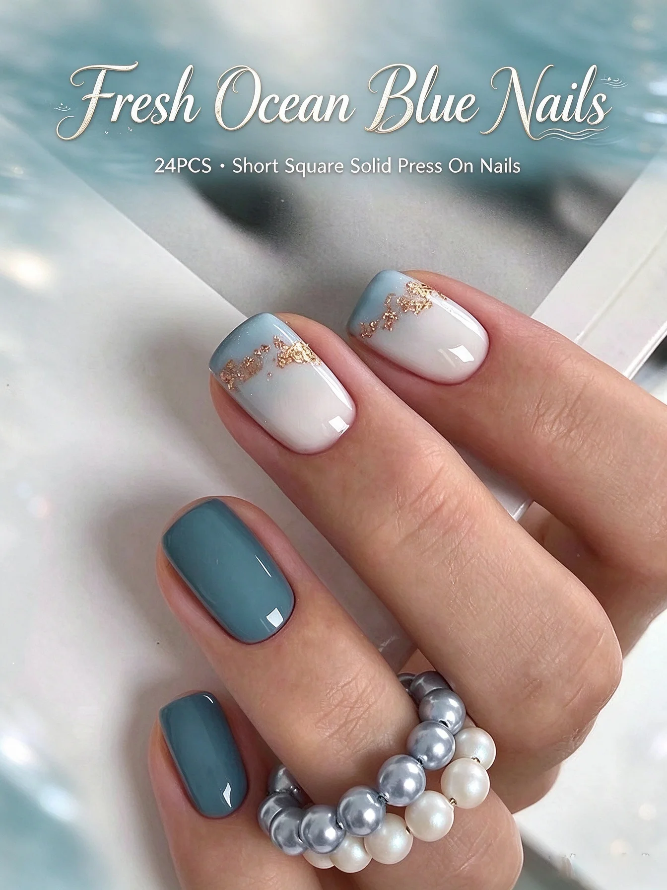 24Pcs Fresh Ocean Blue Press on Nails Short Square Solid Color European Style Removable Wearable False Nail Tips for DIY