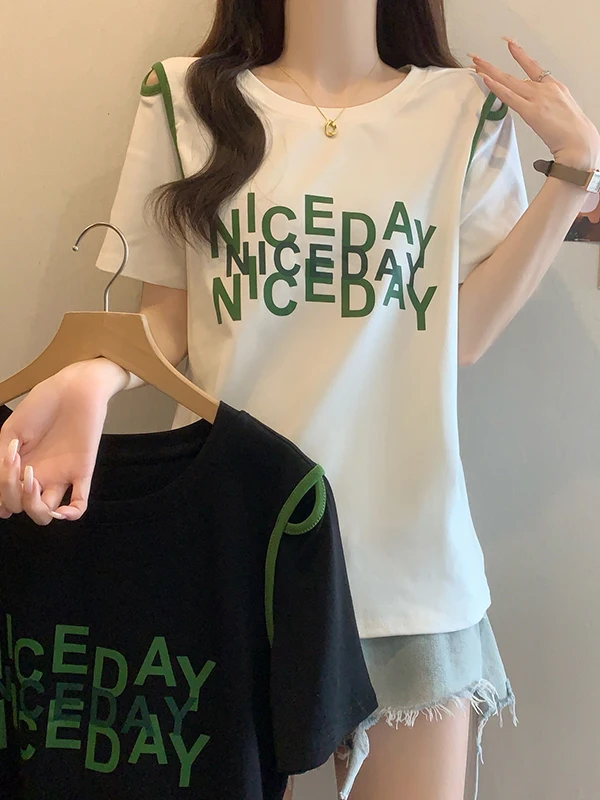 

plus Size Casual Contrast Color Printed Letter Short Sleeve T-Shirt Women Summer Slimming Design Shoulder Bared Hollow out Top