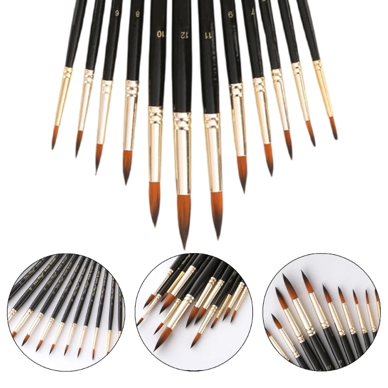 12本木製ハンドルペイントブラシ、ラウンドチップ/フラットチップ、柔らかいナイロン毛付き、アーティストペイントブラシ水彩ペイントブラシ