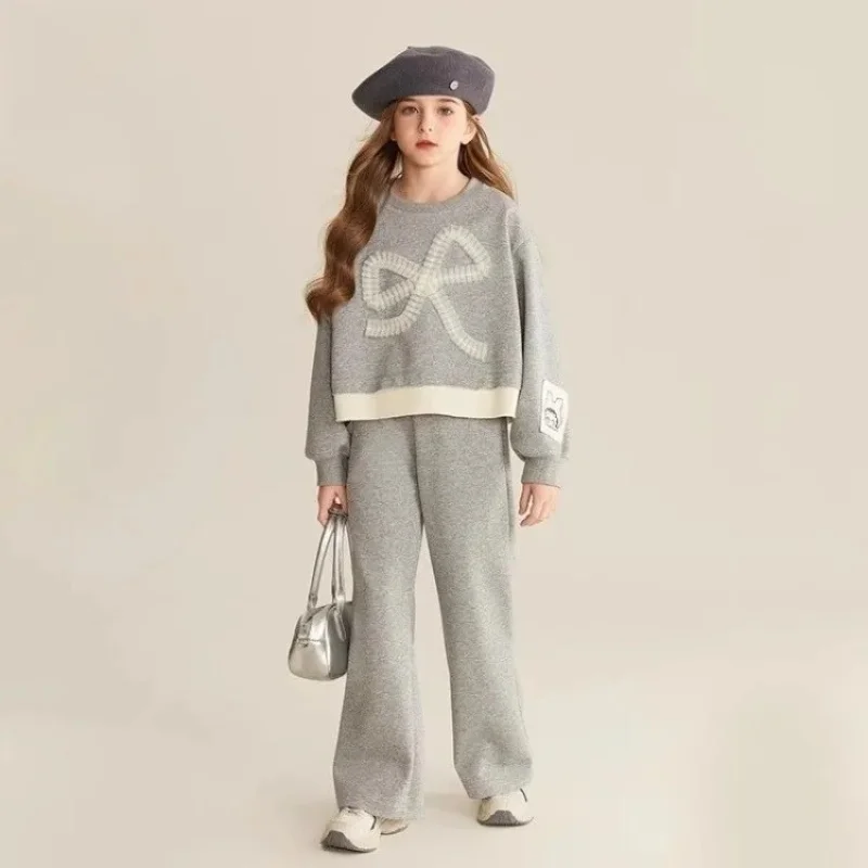 

Top & Pants 2-Piece Set Sweatshirt Bow Korean Children's Clothing 2025 Autumn Winter Suits Clothes for Girls From 7 To 8 Years