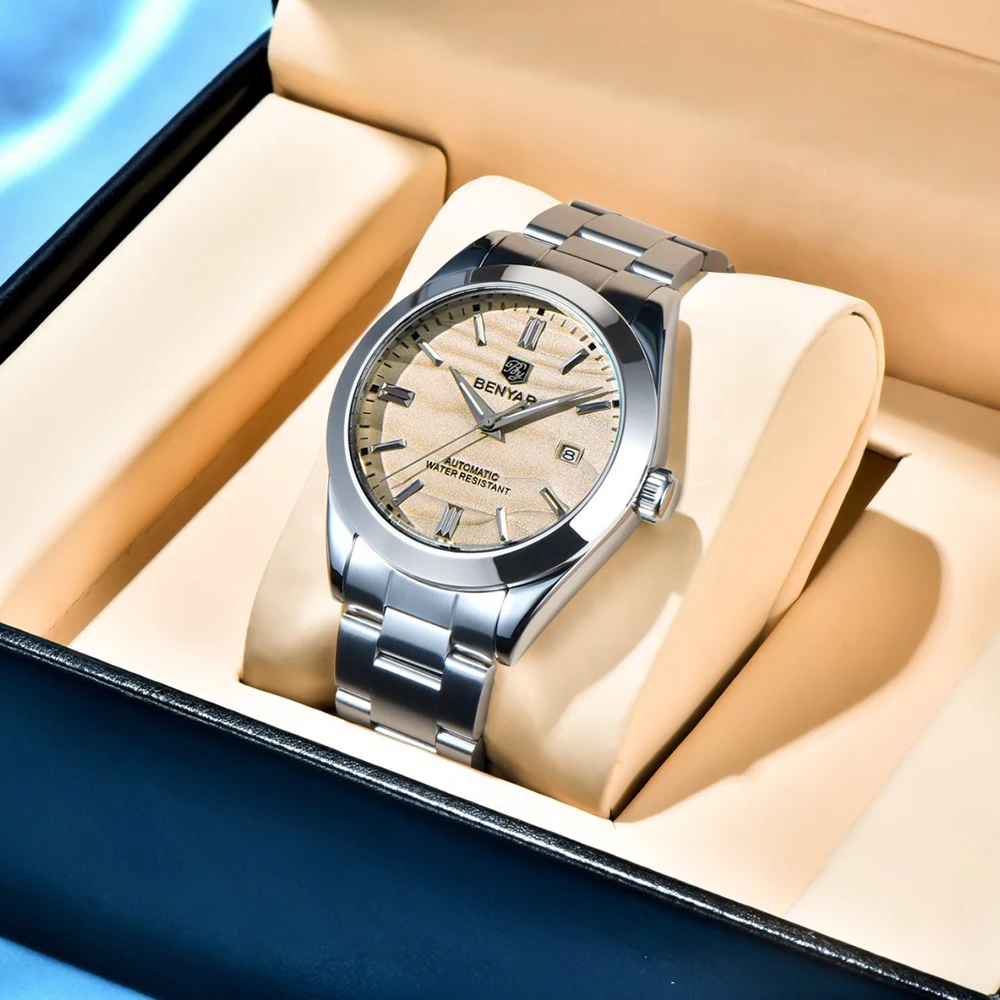 BENYAR best seller 40MM orologio meccanico automatico di lusso in acciaio inossidabile 316L calendario impermeabile moda orologi semplici per uomo