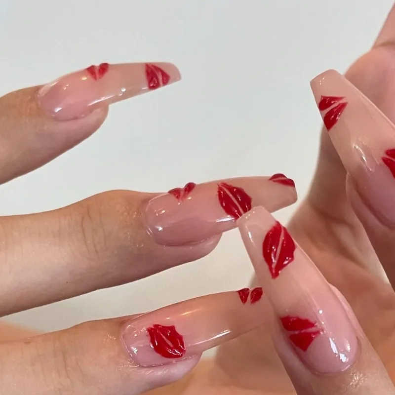 

24 Pcs 3D Red Lipstick Cheap fake Nails Valentine's Day Sweet Press on Nails Long Ballet Pink Nail Tips Summer Sticky Nails 2025