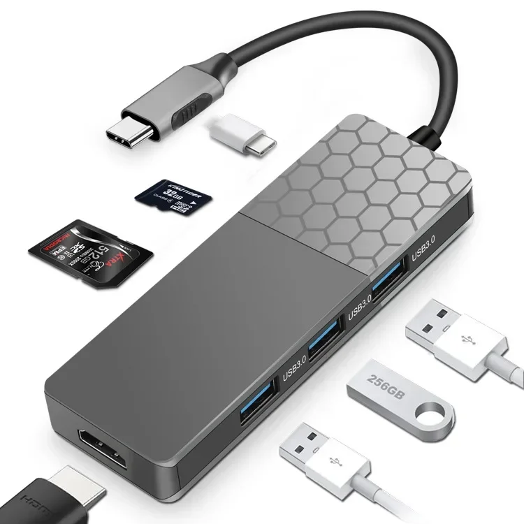 Multifunctional USB Hub with Type C connector 7 in 1 multi port Adapter USB 3.0 Ports Notebooks Pass Through Charging