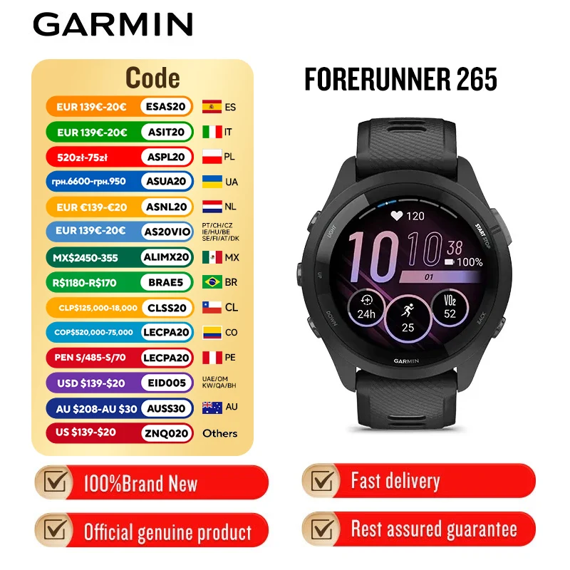שעון ספורט Garmin Forerunner 265/265s לחוץ GPS ריצה כושר מרתון שחייה דופק סיני דם חמצן חכם