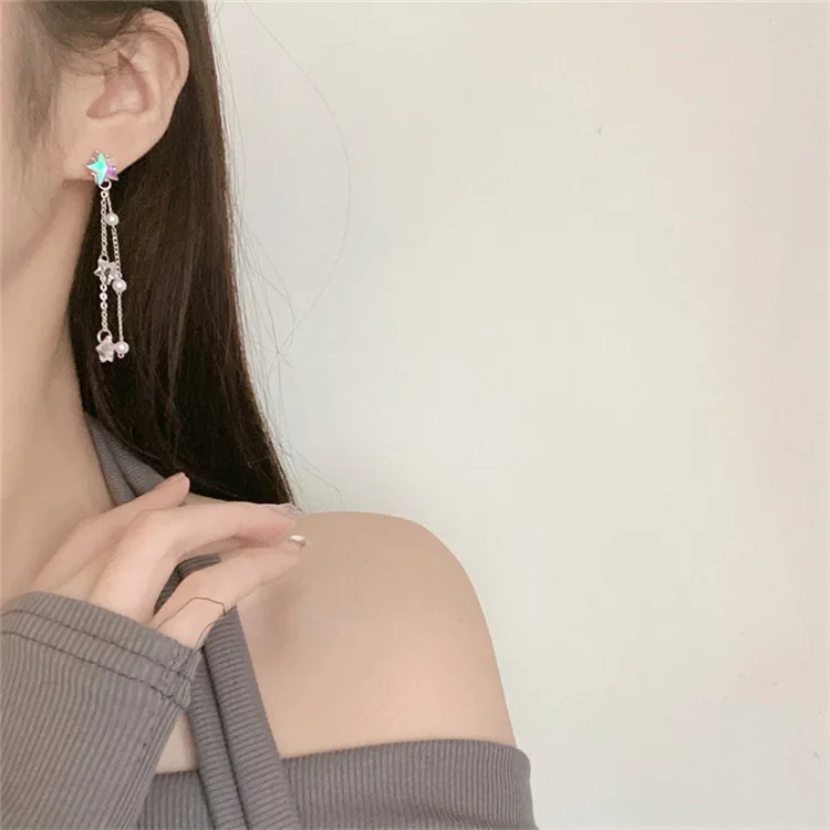 Korean Style Shinny Star Long Tassel Earrings Ear Clips Simple Cute Long Pearl Star Clip on Earrings for Women party No Piercing