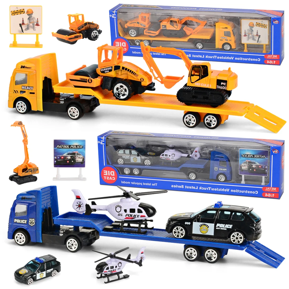 Mini Trailer Truck Toy, Alloy Plastic Construction Vehicle Truck Helicopter Models Gifts for Boys and Girls