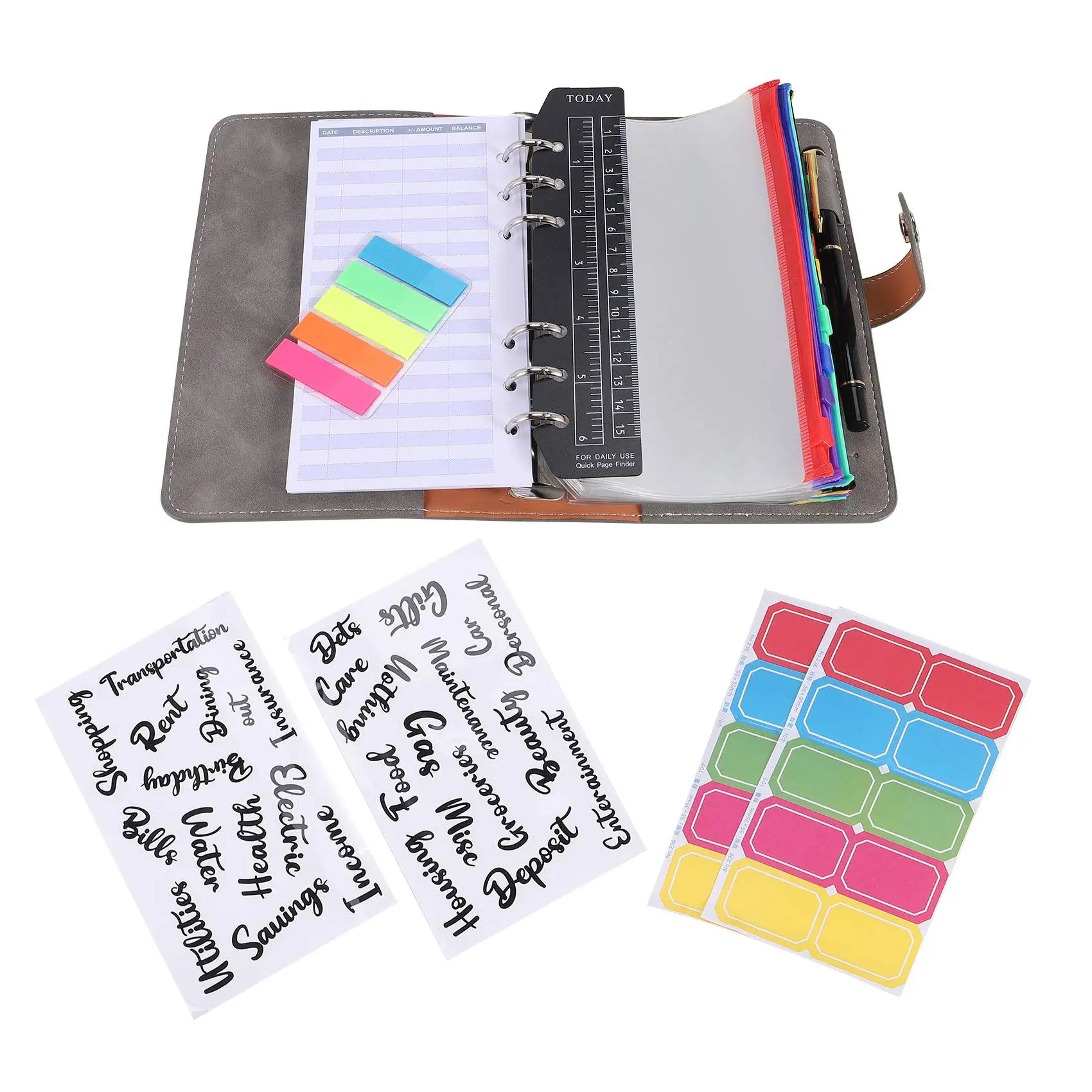 A6 PU Budget Binder with Zipper Envelopes, Widely Used in Home, School and Travel Grey