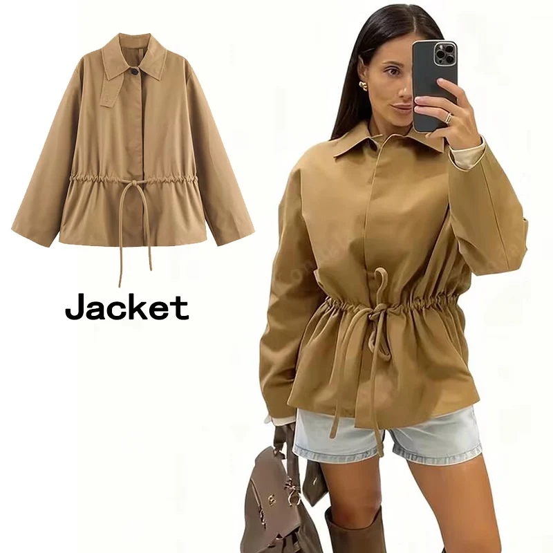 

Women Autumn Jacket 2025 New Fashion Adjustable Waist Short Jackets Coat Chic Female High Street Long Sleeve Loose Outerwear