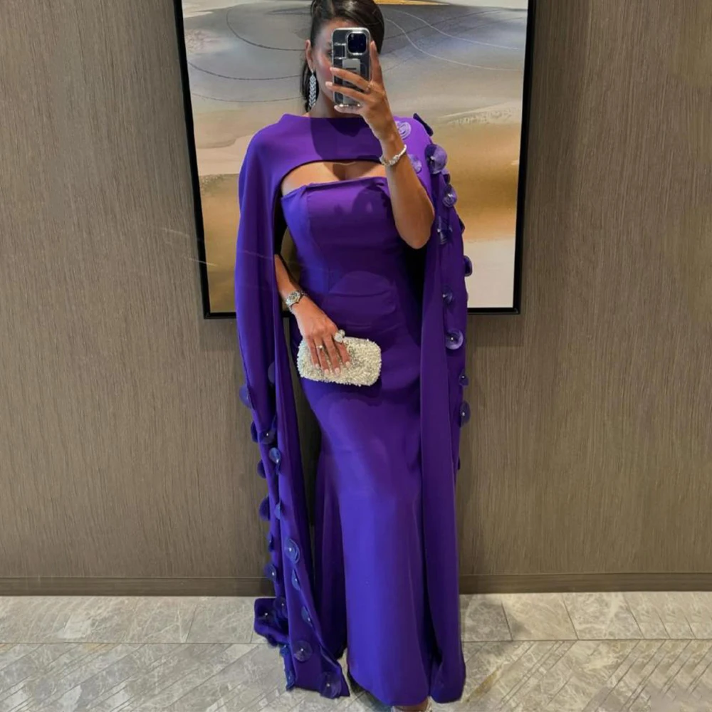 

Purple Two Piece Evening Dress Strapless Mermaid Floor Length Jersey with Cloak Women Customized Formal Occasion فساتين سهرة