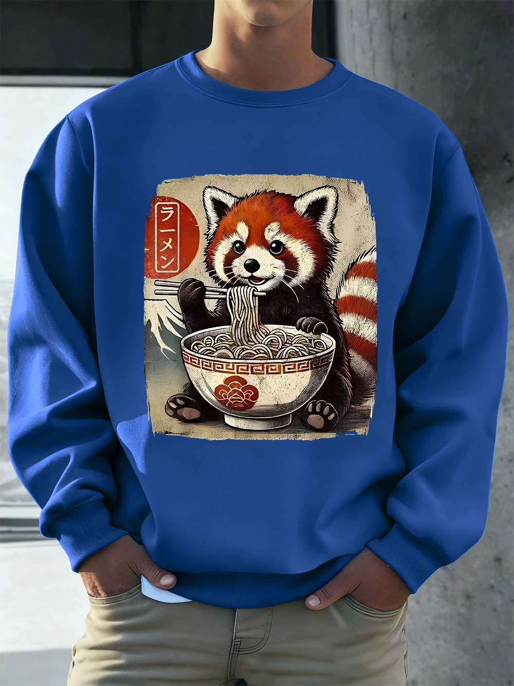 Sudaderas con capucha para hombre con estampado de Panda Rojo y Cat Ramen Noodles, sudaderas con cuello redondo para otoño, sudaderas básicas de forro polar cálidas y holgadas, ropa coreana para hombre