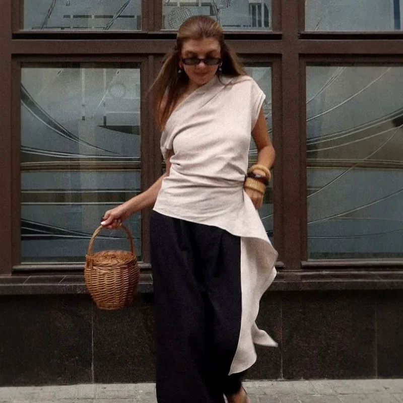 Women 2026 Summer New Hot Selling Fashion Commute One Shoulder Cotton Linen Ruffle Camisole Top Trendy Chic Elegant Daily Hit