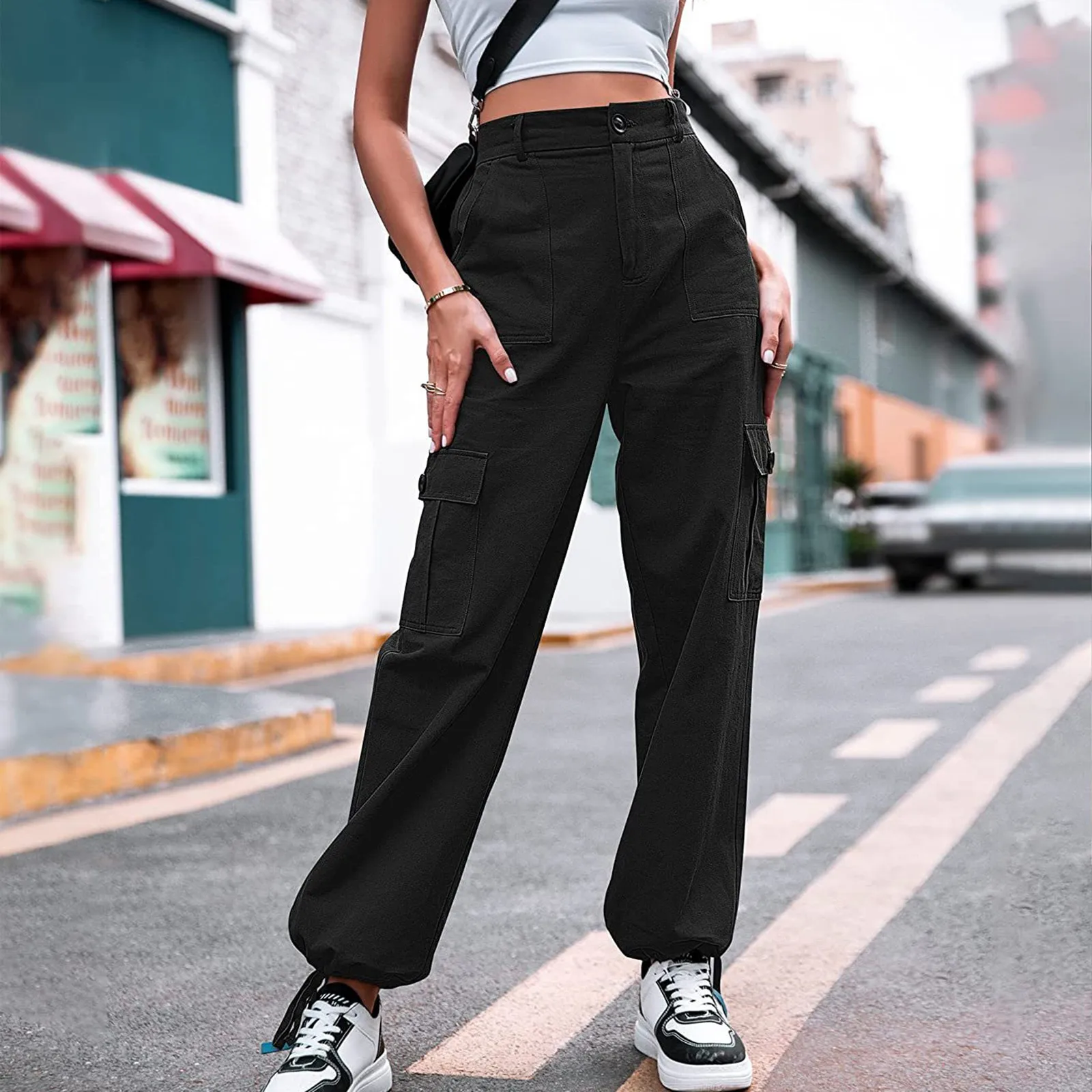 

Spring Summer Korean Fashion Baggy Y2k Denim Trousers Pocket Design Vintage Cargo Pants Pure Color High Waist Slim Jean Woman