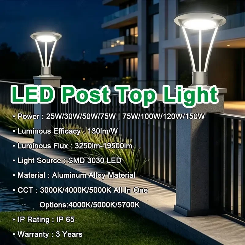 14 Year Manufacturer Energy Saving 25W-75W Dusk to Dawn Post Top Light Outdoor IP65 LED Garden Park Lamp With CE ROHS
