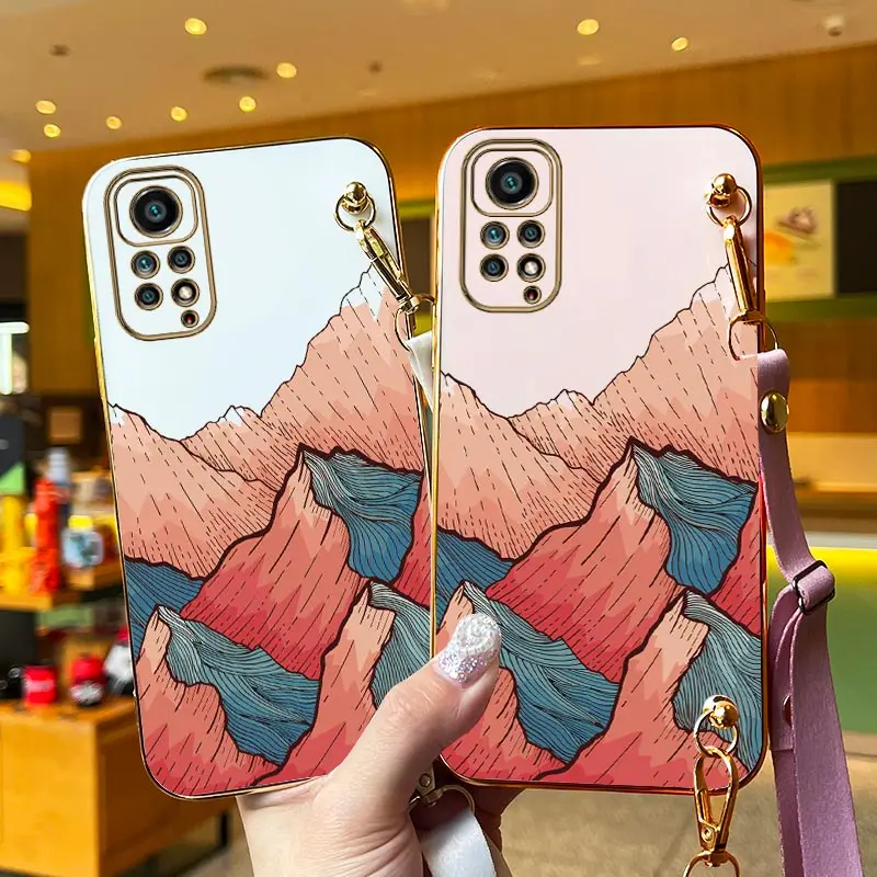 Mountain Of Flames Lanyard Plating Phone Case For Xiaomi Redmi Note 11 11SE 11EPro 11TPro 11T 11Pro 10S 11S 12Turbo 12R 10 Cover