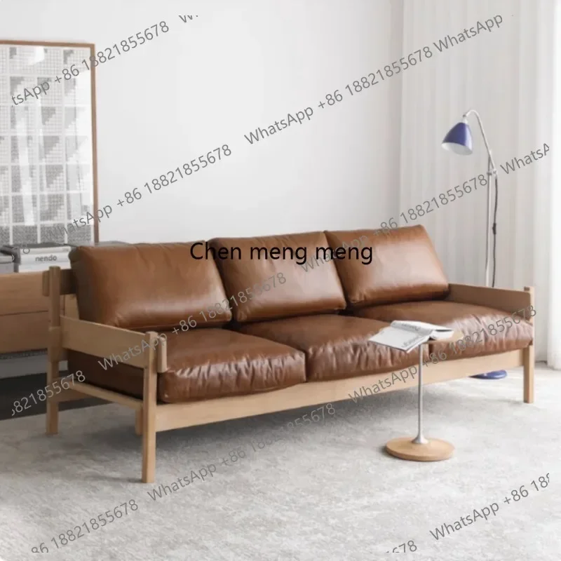 BBB Vintage medieval solid wood leather three-person single sofa caramel color