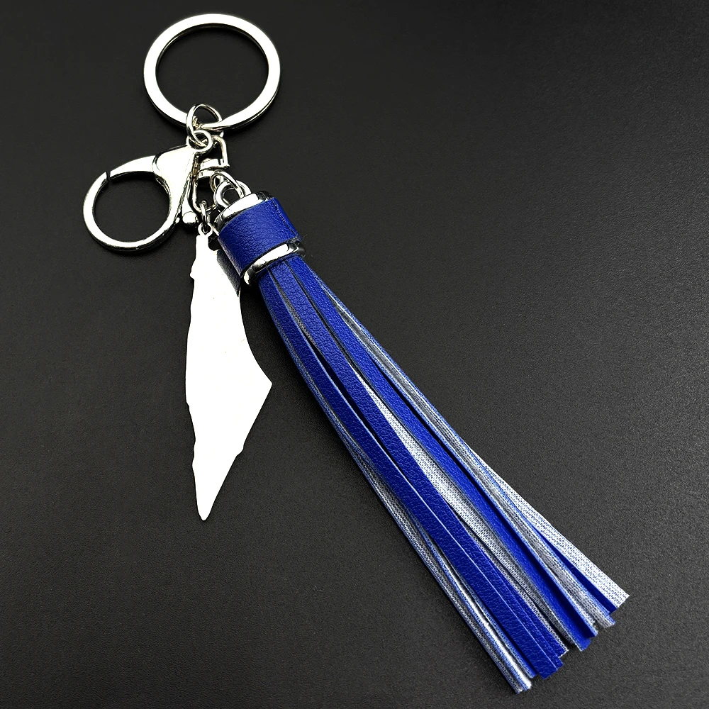 Blue Pu Leather Tassel Israel Map Pendant Key Chain for Women Men Stainless Steel Silver Color Jewish Star Of David Jewelry
