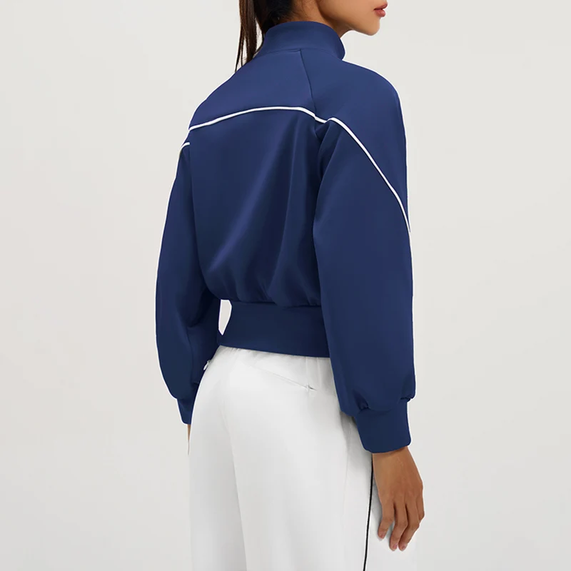 Outdoor Fleece-Lined Sports Jacket Women Fall Winter Warm Running Cycling Sports Coat American Contrast Color Striped Sportswear