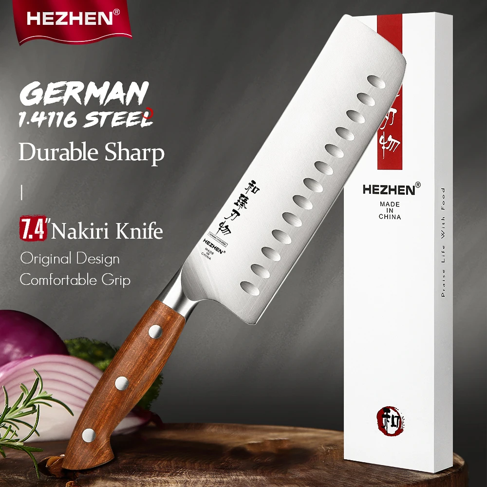 HEZHEN 7.4 Inch Nakiri Knife German 1.4116 Stainless Steel Japanese Cook Sharp Knife 56-58 HRC Kitchen Knife Gift Box
