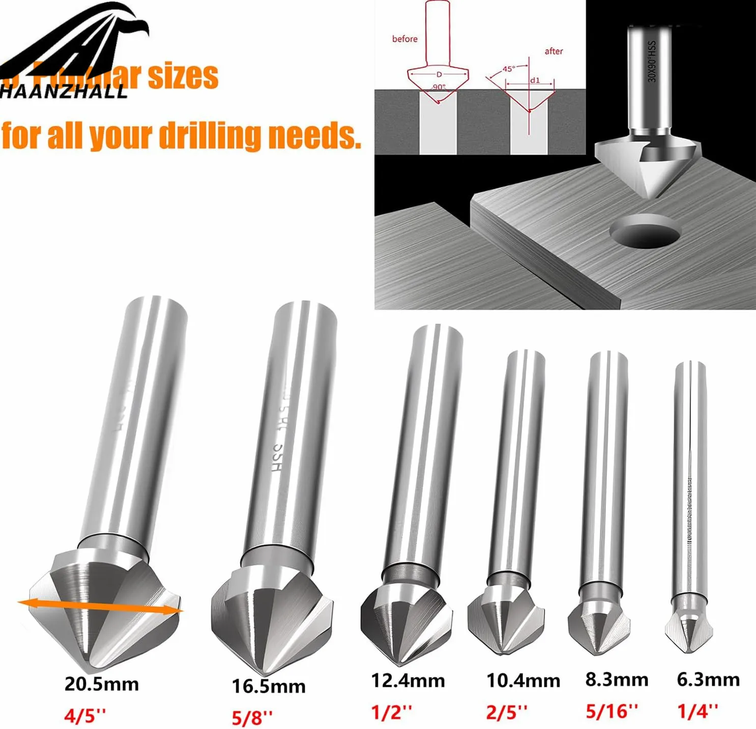 

6pcs 90 degree 3 Flute Chamfer Drill Bit HSS Chamfering End Mill Charmfer Cutter Countersink Drill Bit