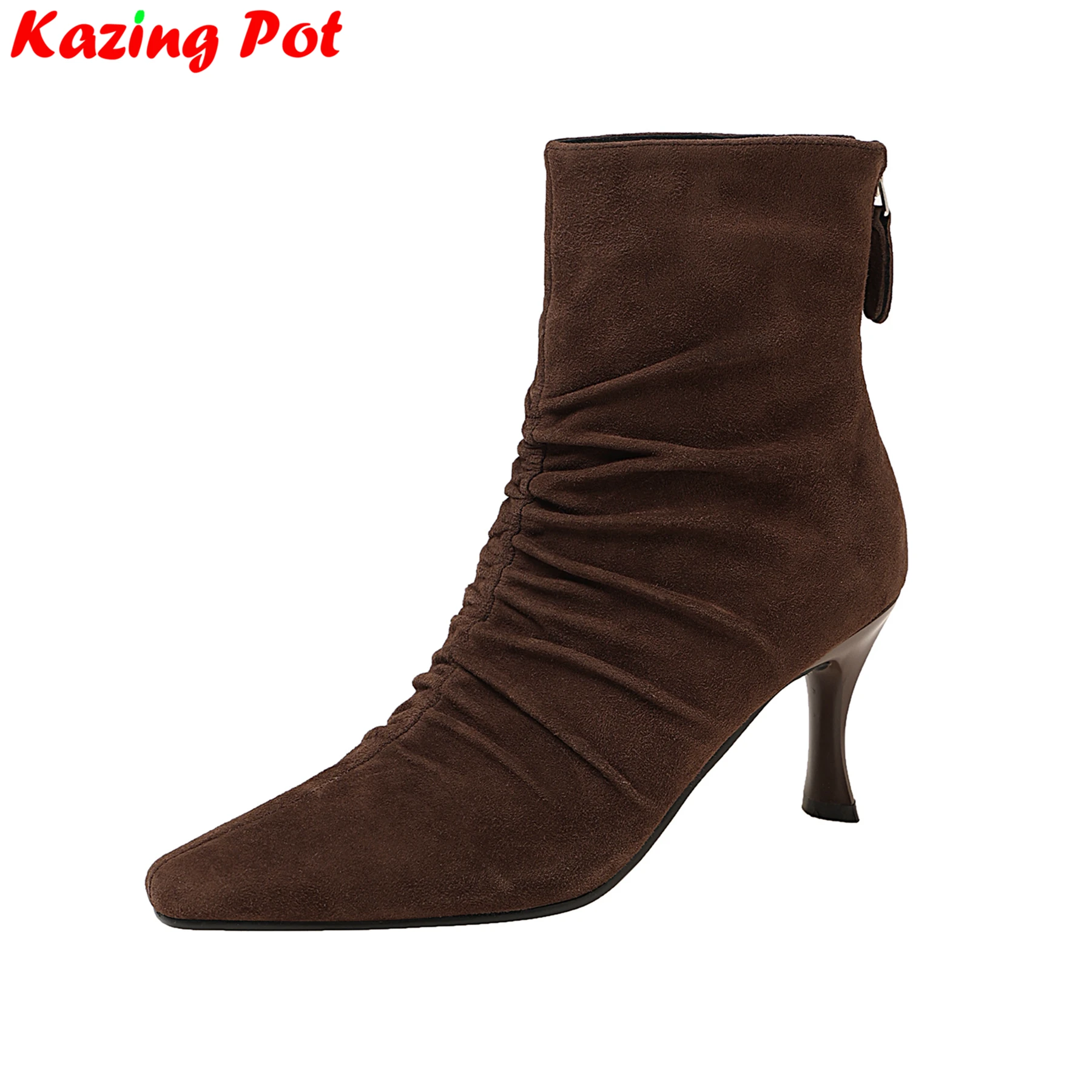 

Krazing Pot Kid Suede Square Toe High Heels Pleated Modern Boots Warm Winter Shoes Dating Retro Concise Dress Brand Ankle Boots