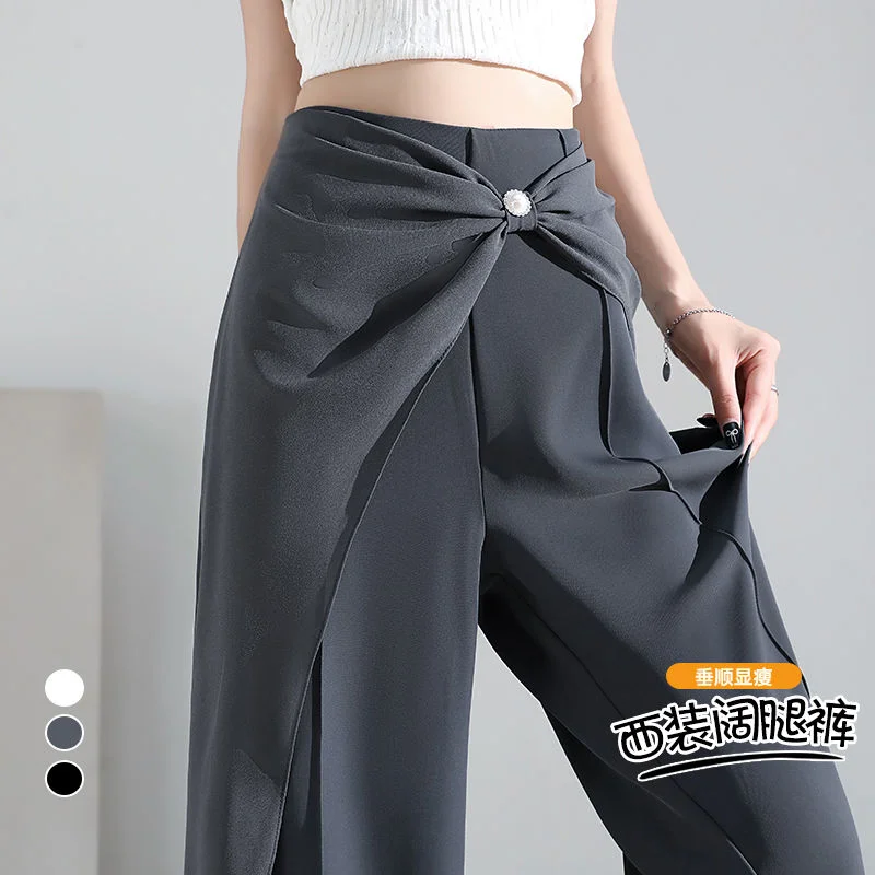 뉴 스타일 수트 패치워크 하이웨이스트 와이드 레그 캐주얼 팬츠