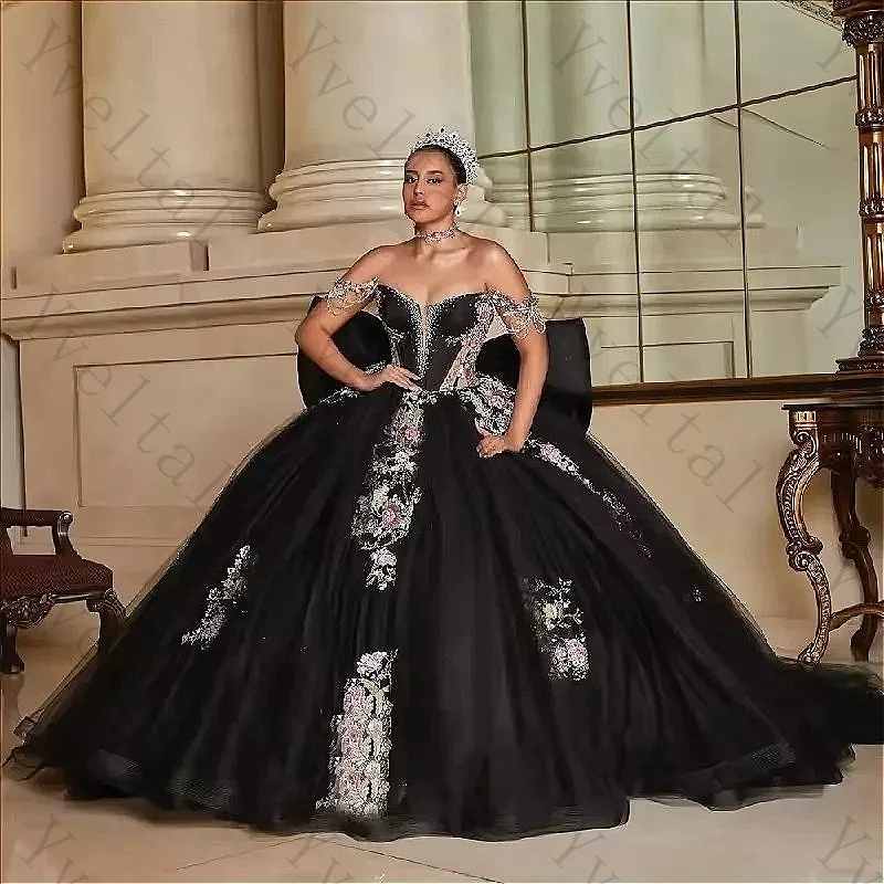 Customized Dignified Graceful Temperament Glittering Black Tulle Quinceanera Dresses with Big Bow Lace Appliqued Ball Gown