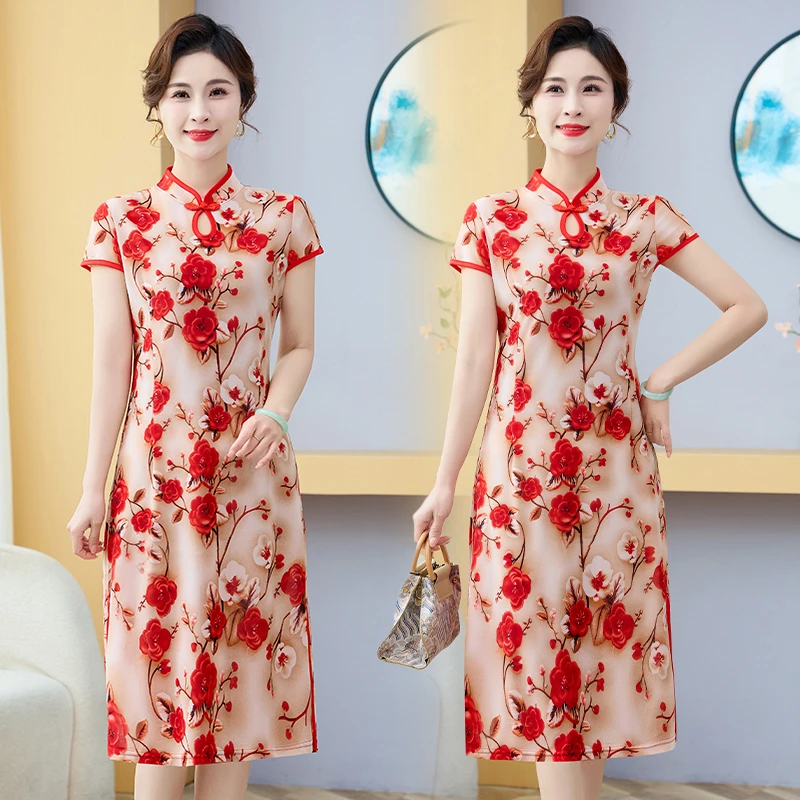 

Новое платье Cheongsam в китайском стиле с воротником, летняя мода на пуговицах, женская дизайнерская одежда больших размеров с принтом, 2025 г., повседневная повседневная одежда