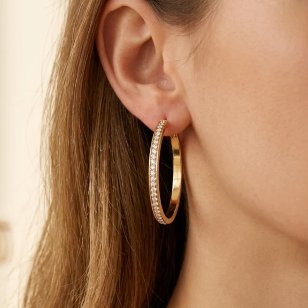 30/40/50mm Bling Paved CZ Large Circle Hoop Stainless Steel Earrings for Women Statement Classic Vintage Boho Minimalist Jewelry