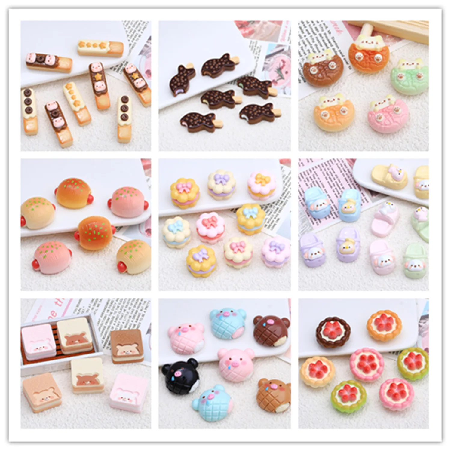 100pcs Kawaii Resin Simulation Food Cartoon Cookie Cake Chocolate bar Bread Flatback Cabochons For Doll House Decor Accessories