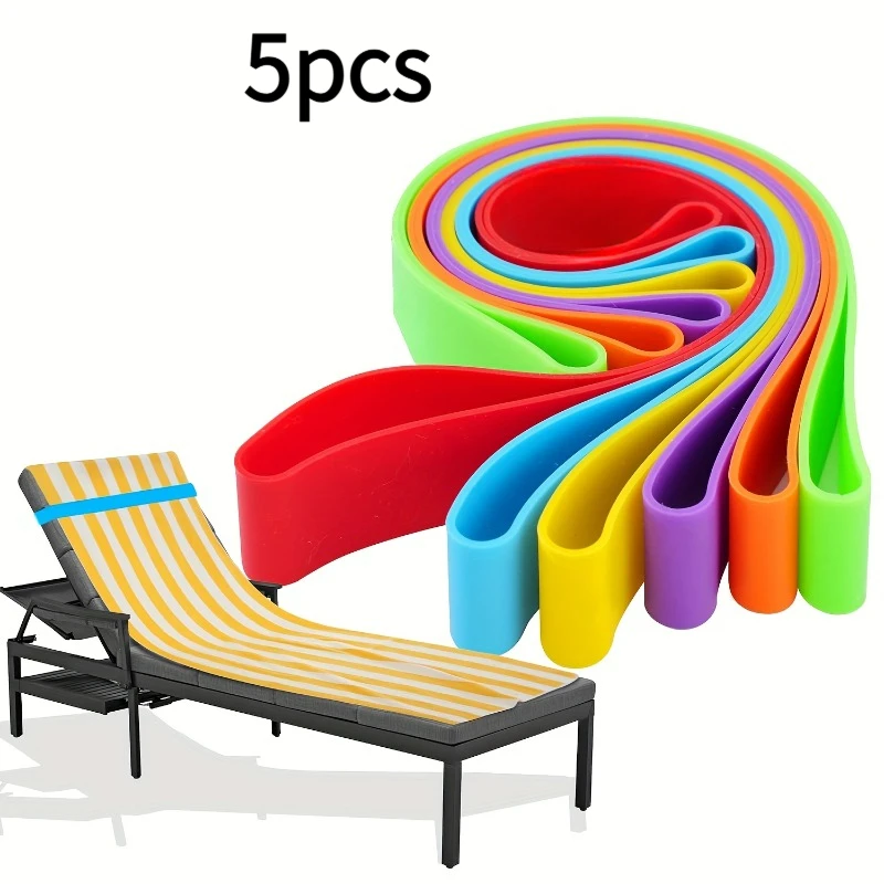 

Set of 5 towel straps designed for beach and pool loungers; silicone straps suitable for securing towels, luggage tags, cup hold