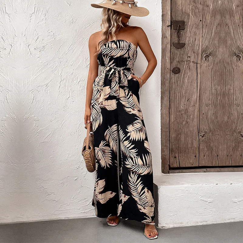 Summer Casual Vacation Tropical Style Leaf Print Strapless Jumpsuit
