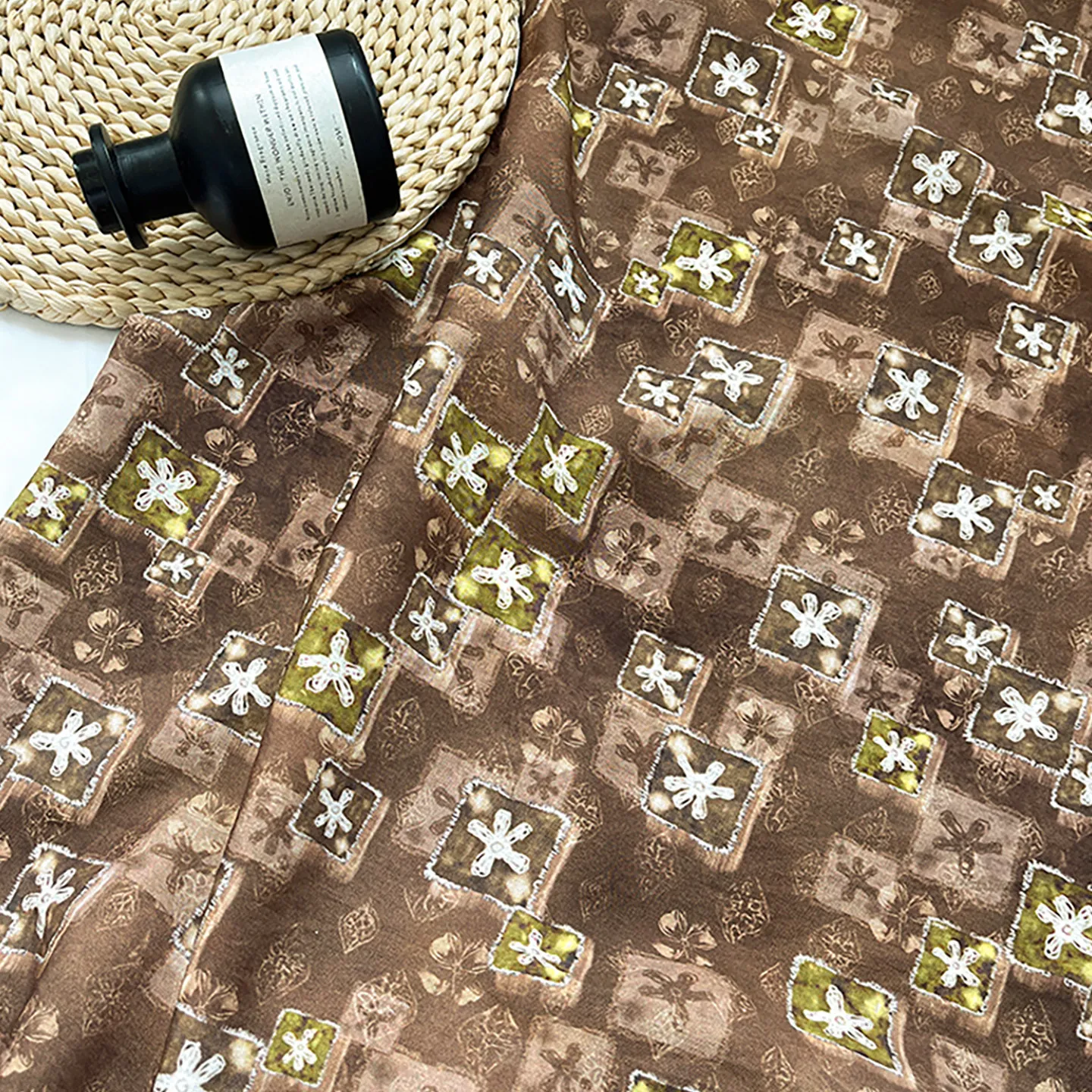 Caramel Square Fleck Pattern Fabric – 1 Meter, DIY Craft Material for Cheongsam, Dress, Top & Hanfu Costume