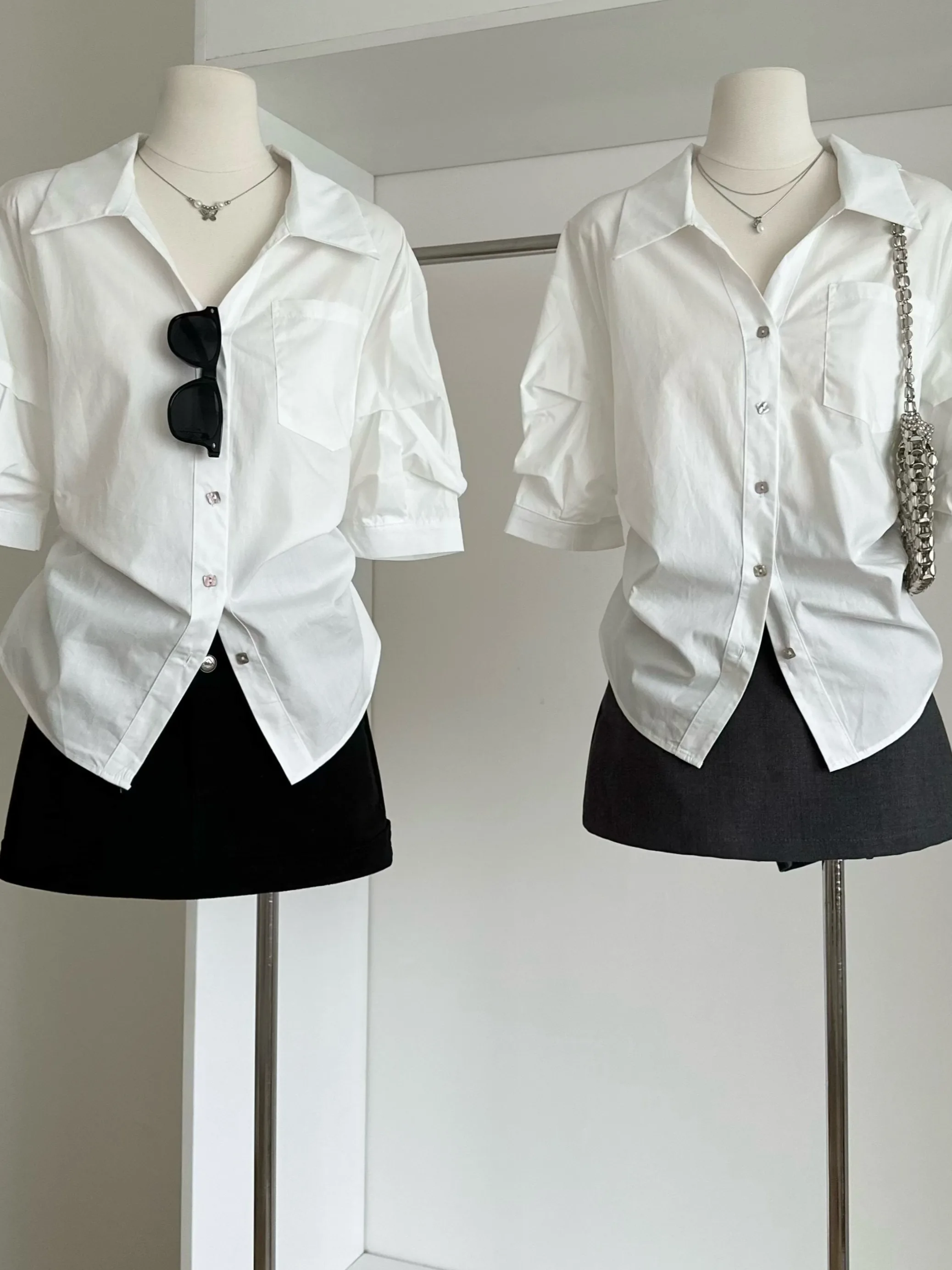 

White Loose Women's irt with Waist-Cinching Design And Five-Fold Sves Korean Sle Bubble Sve Cotton Polyester Blend