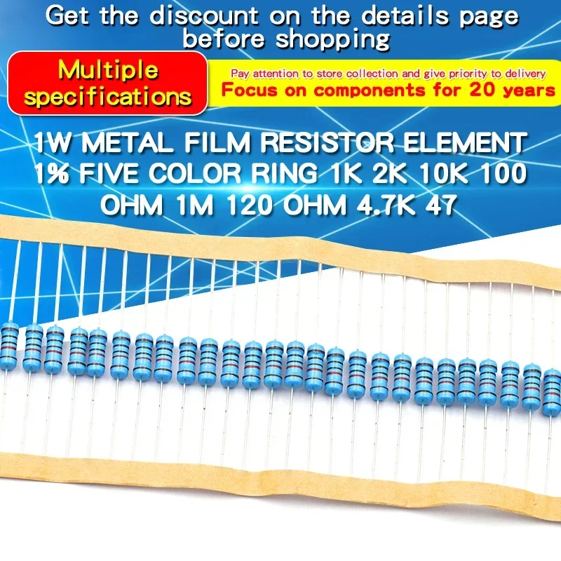 20PCS 1W 1% Metal Film Resistor 0.24Ω~2.2MΩ 1 10 47 100 200 220 300 470 910 1k 4.7k 10k 20k 47k 100k 220K 330K 470K 910k 1M ohm