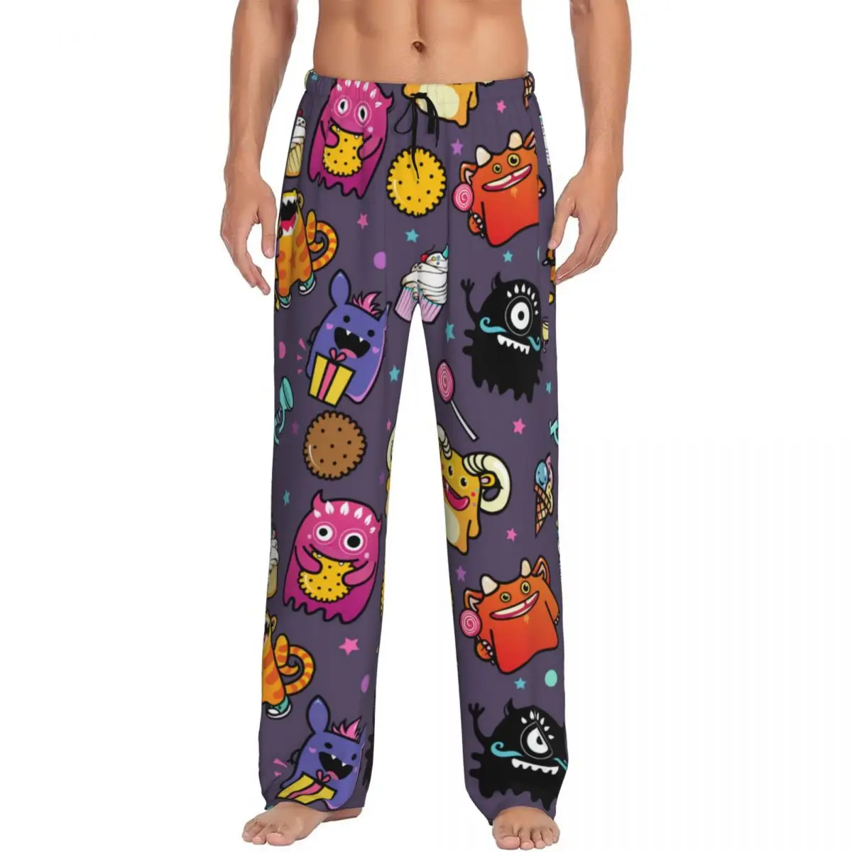 Custom Printed Men's Pajama Pants Cartoon Monsters Sleepwear Sleep Lounge Bottoms with Pockets