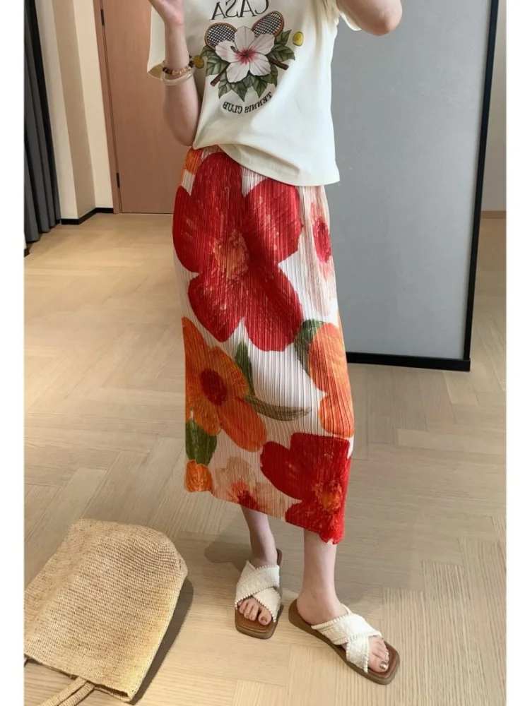 

Летняя женская юбка миди из ледяного шелка с цветочным принтом, тонкая, прохладная, двухцветная, с высокой талией, из смесового полиэстера