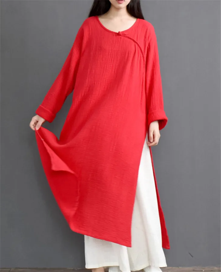 2024 Autumn Women Chinese style cotton dresses Long Sleeve 0-Neck Cotton Linen Maxi Dress, Spring long dress Feminino Vestido  