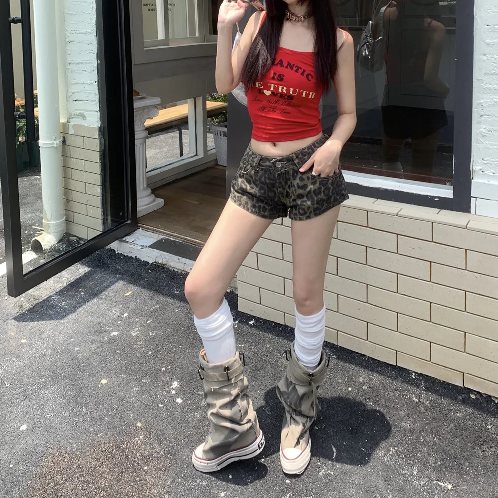 レディース Y2K ハイウエスト ジッパー ショートパンツ ファッション レオパード柄 ポケット付き ショートパンツ 2025 夏 ハイストリート シック