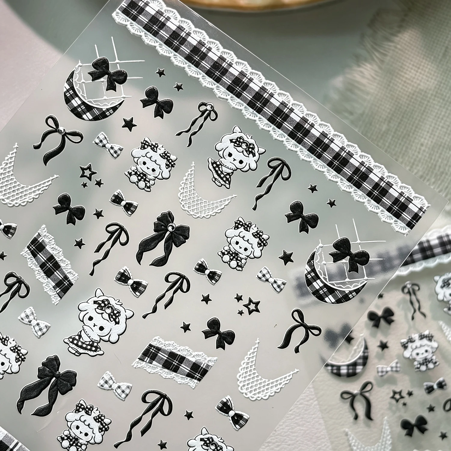 5D Black White Kawaii Plaid Apron Sheep Nail Sticker Cartoon Lace Bowknot Star Design Self-adhesive Decals DIY Manicure Sliders