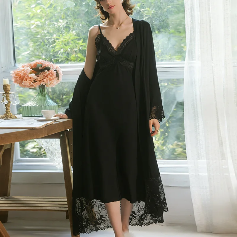 

Ladies Luxury Satin Sleepwear Set Sexy Lace Trim Nightgown & Dressing Gown For Wedding Honeymoon Loungewear