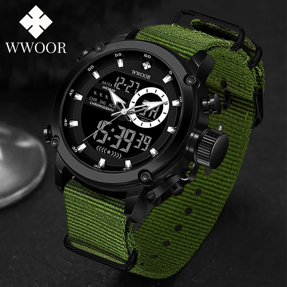 WWOOR New Fashion Military Sports Men\'s Nylon Watches Digital Quartz Wristwatch Waterproof Dual Display Clock Relogio Masculino