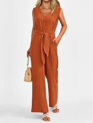 Women's Spring Summer New 2024 Sexy V-neck Wide Leg Jumpsuit Sleeveless Fashionable Zipper Long Casual Comfortable Jumpsuit