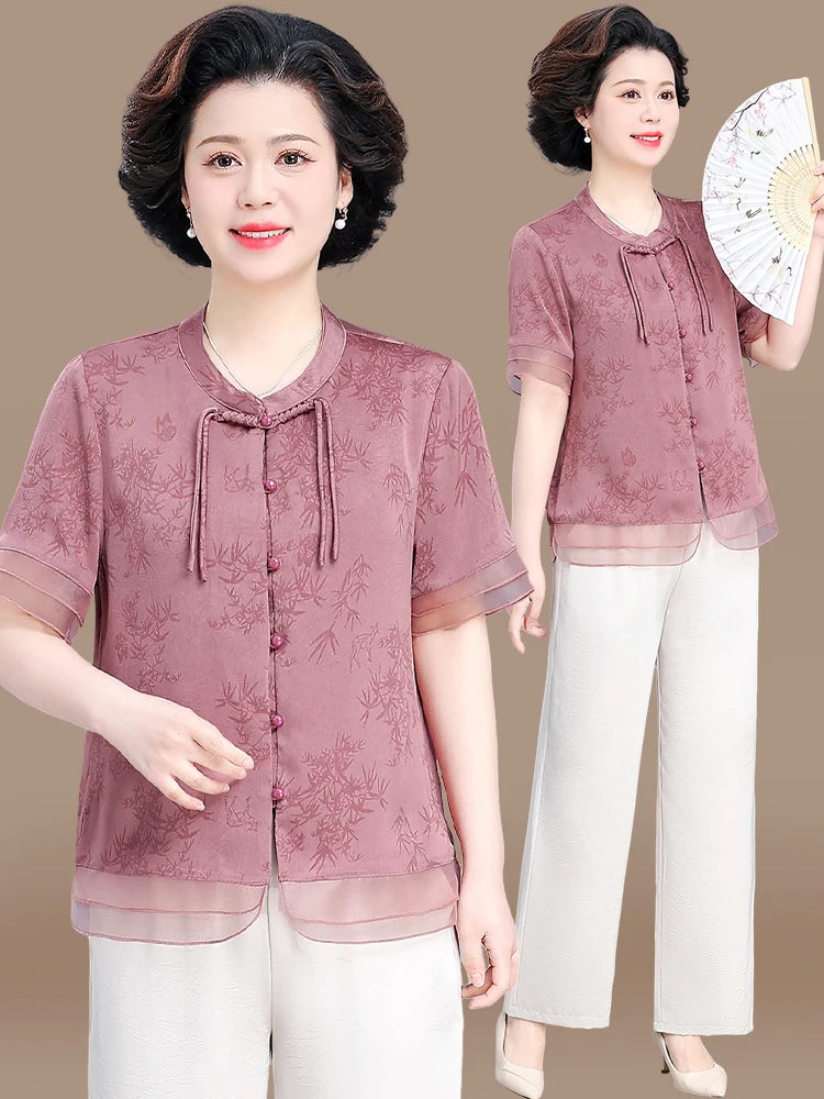 

New Chinese Sle Autumn Outfit Set for Middle-Aged Women ort Sve irts And Chiffon Tops Loose Fit Faionable And Comf...
