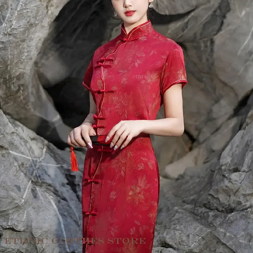 จีนแบบดั้งเดิมยาว Qipao พิมพ์ดอกไม้ซาตินชุดจีน Cheongsam Vintage คลาสสิก Qipao Vestidos ชุดราตรี 3XL
