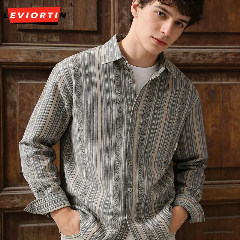 

Men's Vintage Striped Ethnic Style Long Sleeve Shirts Spring Casual Workwear Breathable Comfortable Blouse with Chest Pocket