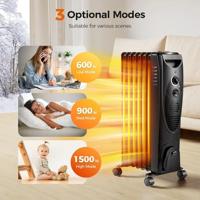 Kismile Portable Electric Radiator Heater, Oil Filled with 3 Heat Settings, Adjustable Thermostat Overheat & Tip-Over Protection