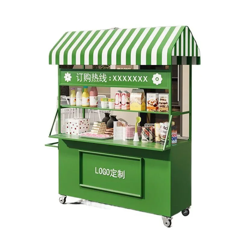 Wrought Iron Mobile Food Cart with Awning Outdoor Night Market Snack Stall Portable Dining Trolley for Street Vending