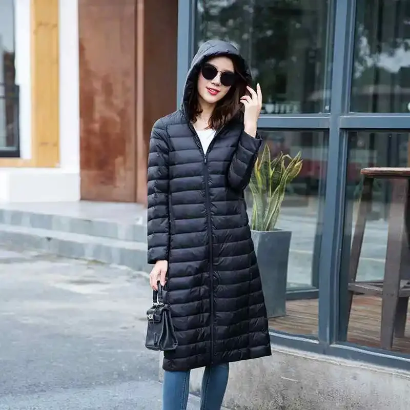 Woman's Ultra Light Down Jackets Slim Hooded Knee Length 90% White Duck Down Coats Women Warm Down Parkas Lady Overcoat JK-790