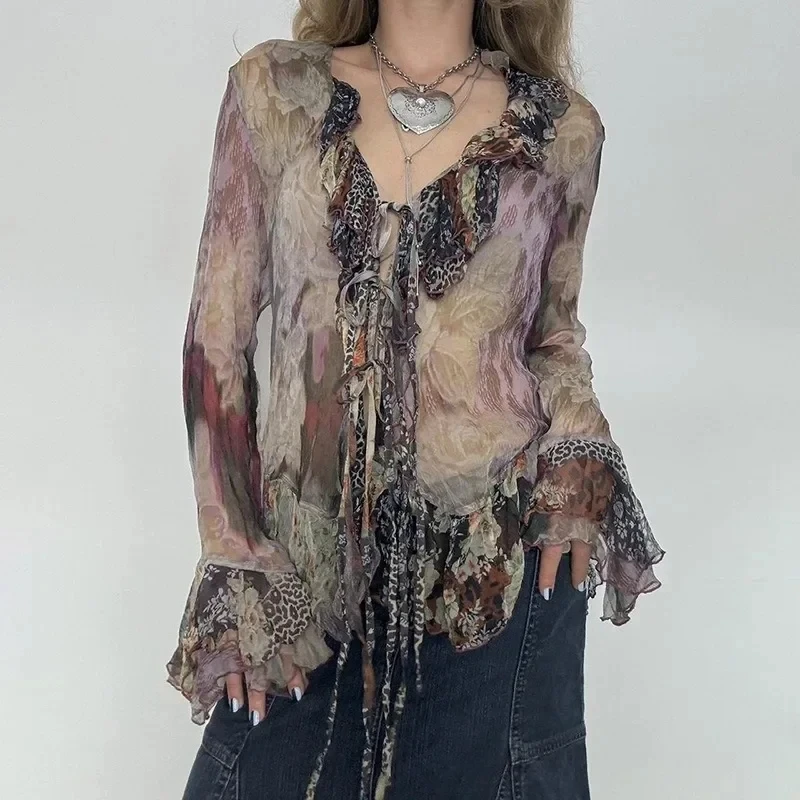 

Vitage French Tops Women's Printed Mesh Retro Women's Leopard Print Splicing Strap Trumpet Sleeve